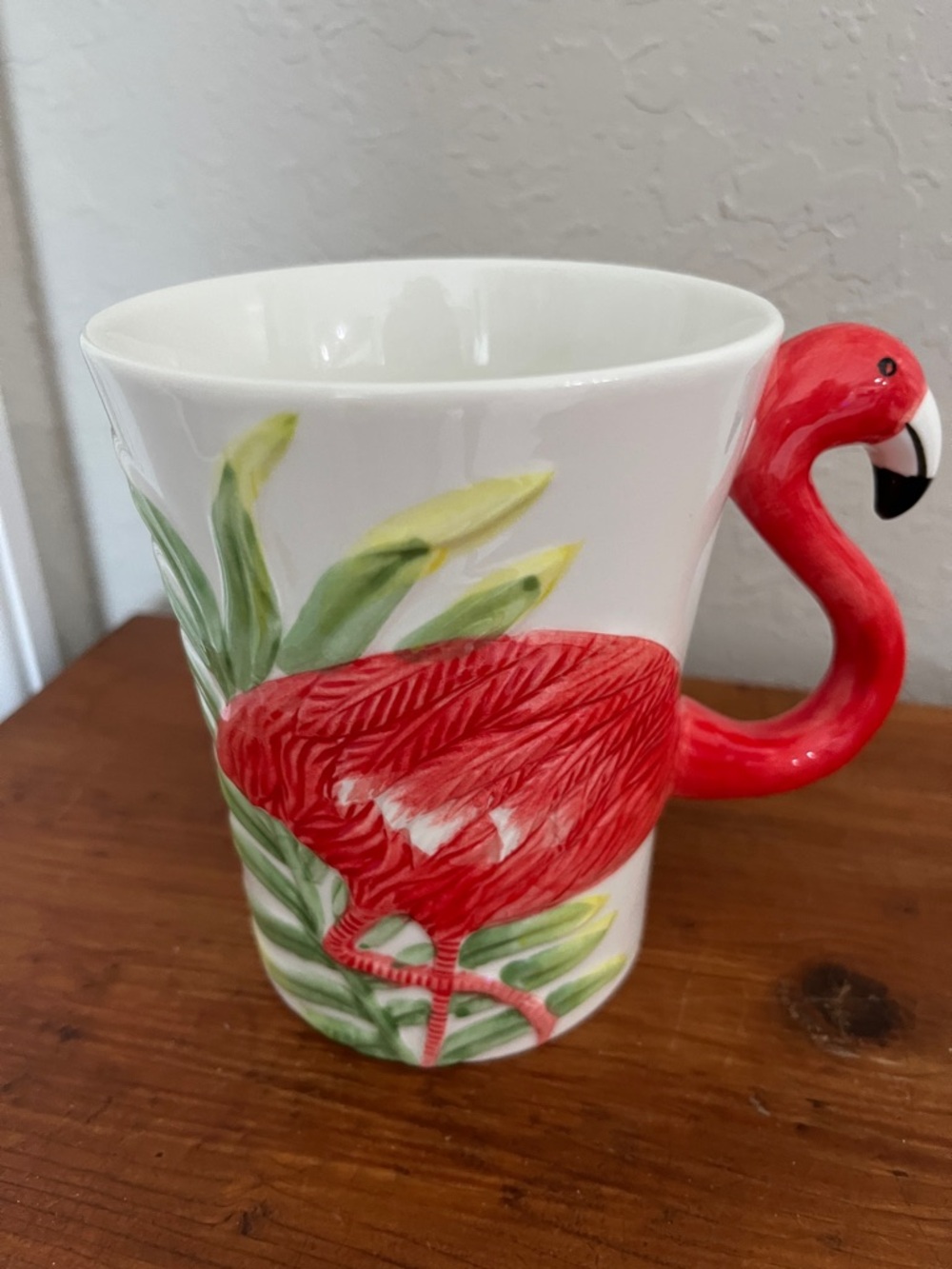 Pier 1 Handpainted Flamingo Handle Ceramic Mug with Green Leaf Accents NWOT